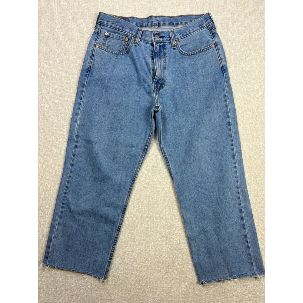 Levis 550 Relaxed Fit Jeans Mens 33 Medium Wash Blue Denim Raw Hem Cutoff W33